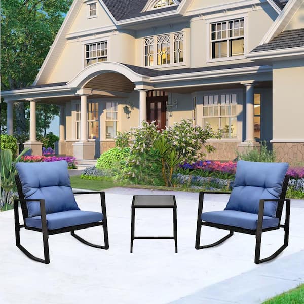 3 Piece Metal Patio Outdoor Bistro Set, Rocking Chairs with Blue Cushions for Yard Garden Pool Side