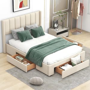 Beige Wood Frame Full Size Upholstered Platform Bed with 3-Drawers