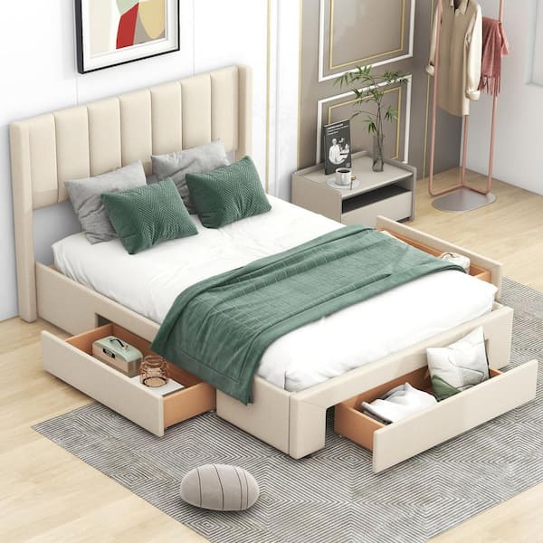 Nestfair Beige Wood Frame Full Size Upholstered Platform Bed with 3-Drawers