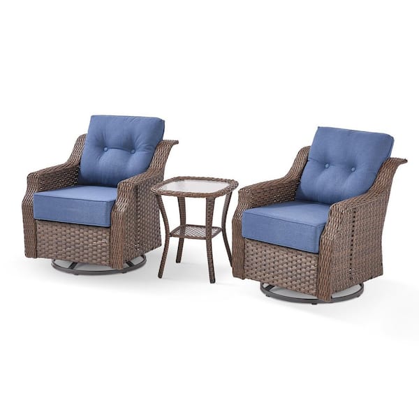 Round Side Series 3-Pieces Brown Wicker Outdoor Swivel Rocking Chair with CushionGuard Blue Cushions