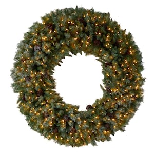 60 in. Prelit LED Giant Flocked Artificial Christmas Wreath with Pinecones, 400 Clear LED Lights