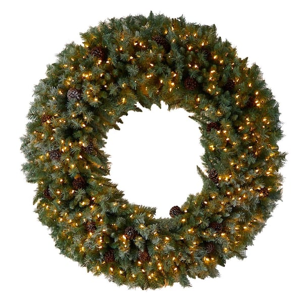 Nearly Natural 60 in. Prelit LED Giant Flocked Artificial Christmas Wreath with Pinecones, 400 Clear LED Lights