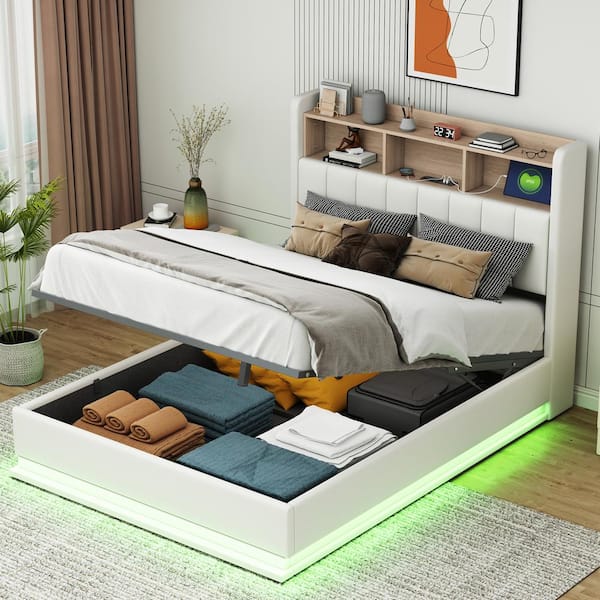 Harper & Bright Designs White Wood Frame Full Size PU Platform Bed with Storage Headboard, Hydraulic Storage System, LED Lights and USB Ports