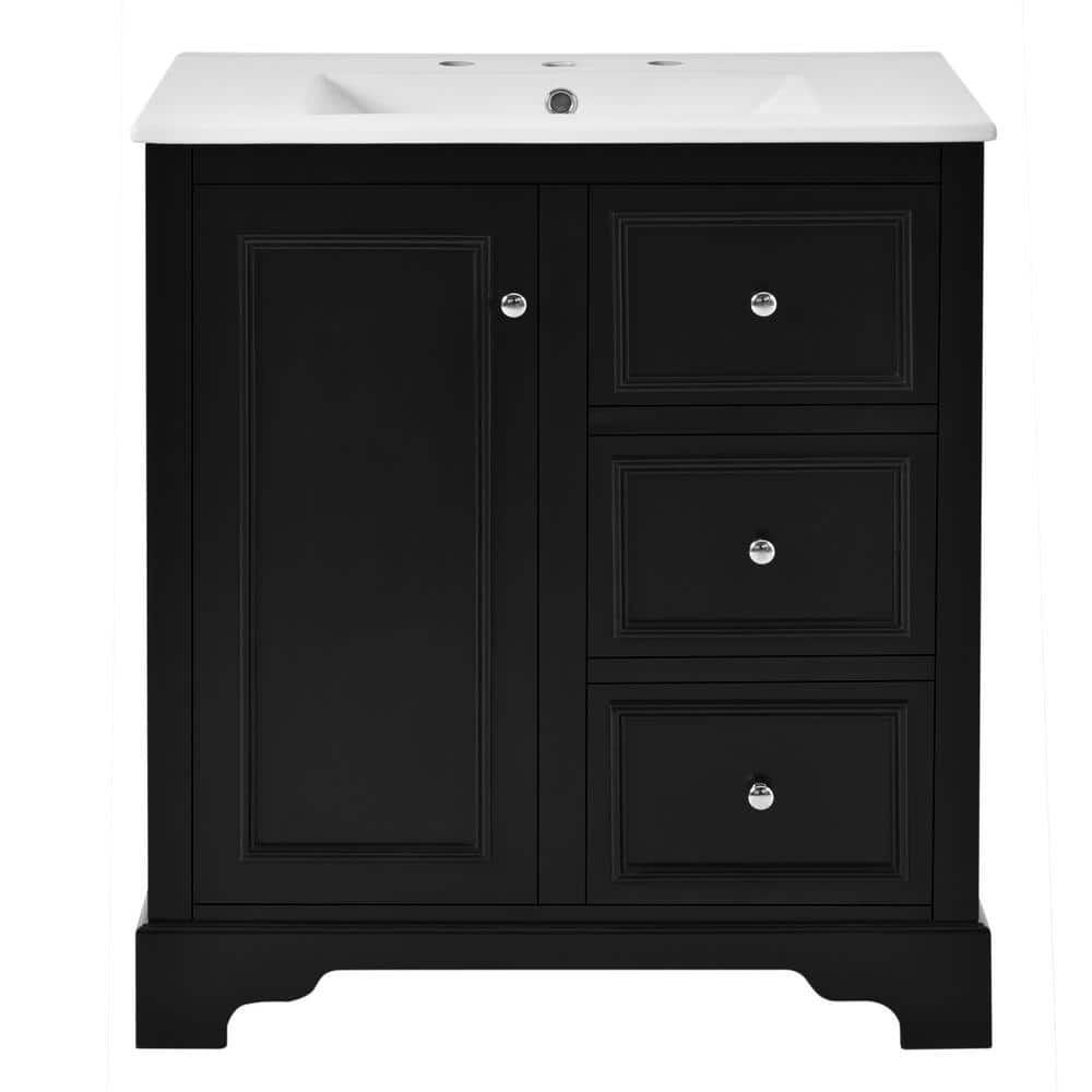 30 in. W x 18.5 in. D x 33.7 in. H Single Sink Bath Vanity in Black with White Ceramic Top and 3-Drawers price history on PriceWatchPro