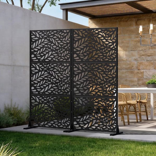 70 in. W x 72 in. H Black Galvanized Steel Freestanding Wavy Leaf Cut Garden Privacy Screen (2-Pack)