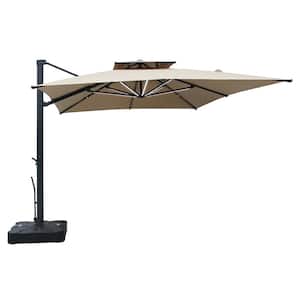 10 in. 360° Rotation Square Cantilever Patio Umbrella with Base and Light in Taupe