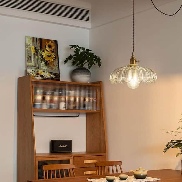 Modern 1-Light Clear Mid-Century Plug-In Hanging Pendant Light with Ribbed Flower Glass Shade Kitchen Island Chandelier