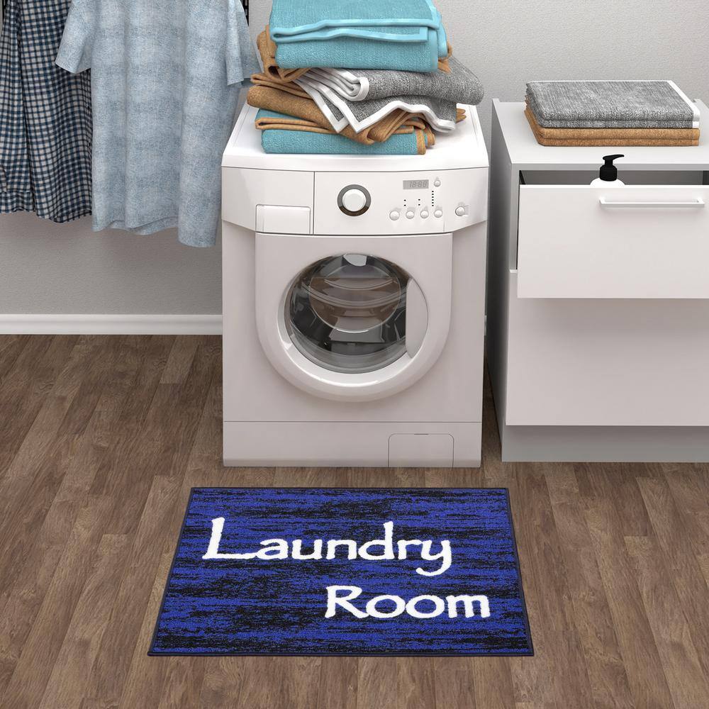 Blue and Black Synthetic Non-Slip Rectangular Laundry Room Rug
