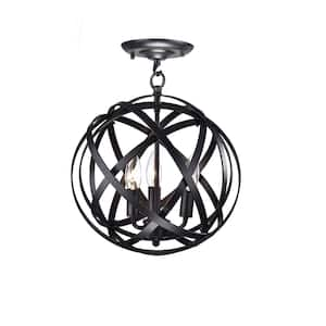 12.6 in. 3-Light Black and Brown finish Semi-Flush Mount Chandelier