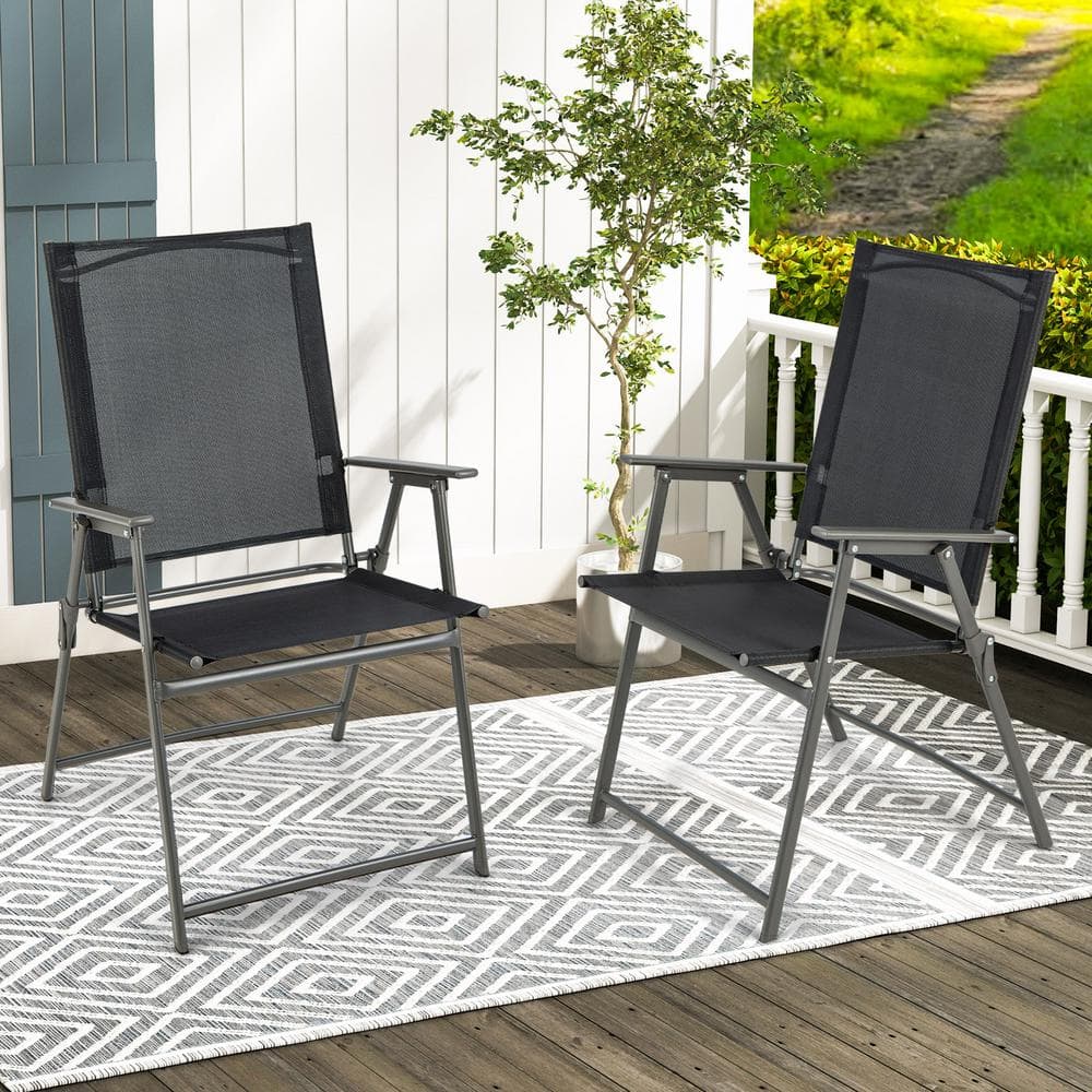 Black and Gray Metal Folding Outdoor Dining Chairs with Armrests, Set of 2