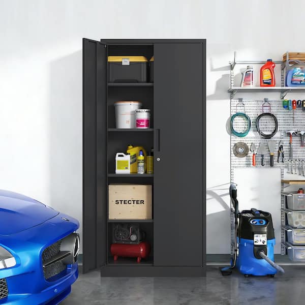Black 70.05 in. Metal Garage Storage Cabinet, Lock Cabinet with 4-Adjustable Shelves and 3-Point Lock System