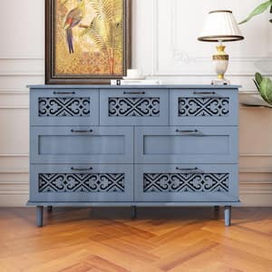 Zorlen Blue Modern 7-Drawer 47.24 in. W Chest of Drawers with Metal Handles, Hollow Carved Design