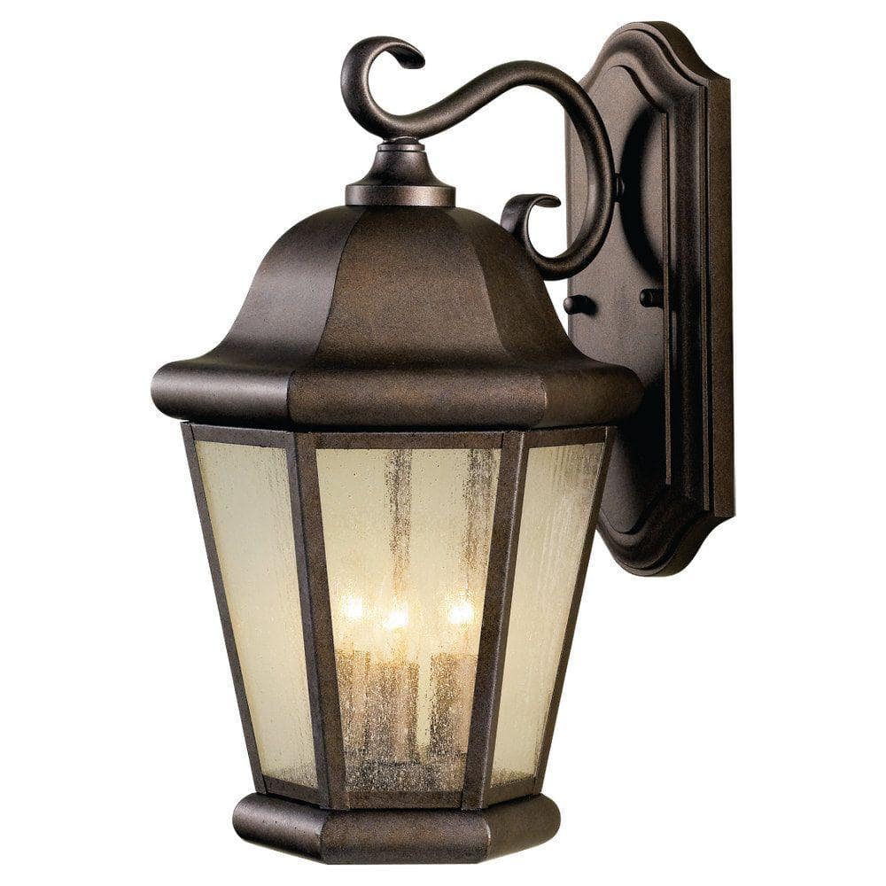 Martinsville 10.25 in. W 3-Light Corinthian Bronze Outdoor 17 in. Wall Lantern Sconce w/Clear Seeded Glass Panels price history on PriceWatchPro