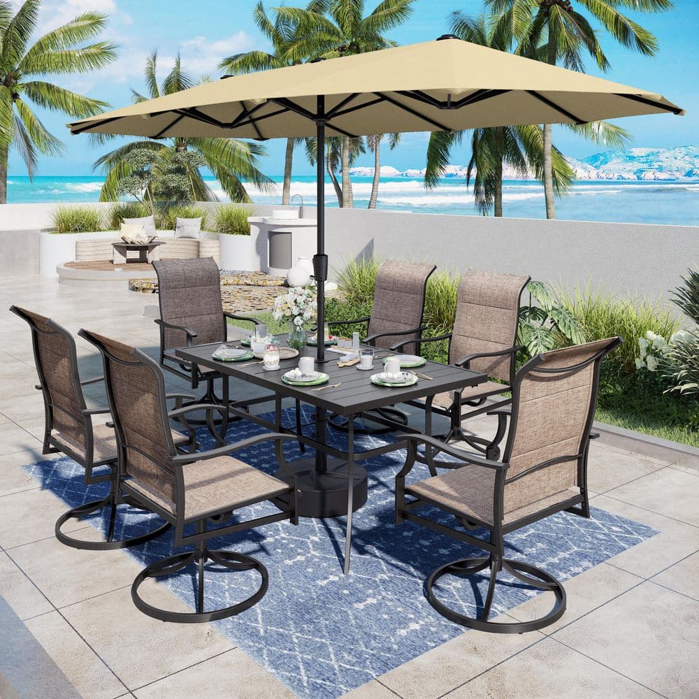 PHI VILLA 8-Piece Metal Outdoor Patio Dining Set with Padded Textilene Swivel Chairs and Umbrella THD7-426-116