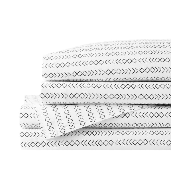 StyleWell Cotton Percale White and Charcoal Gray Geo Stripe 4-Piece Full Sheet Set