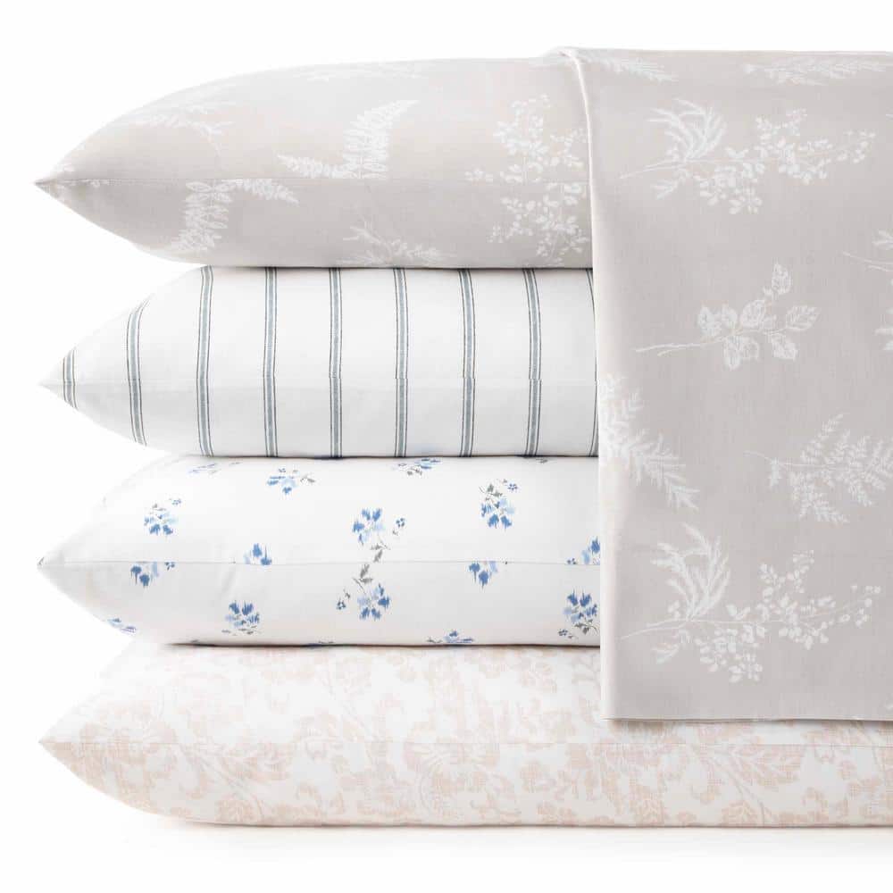 King White Cotton Percale Foliage Print Sheet Set