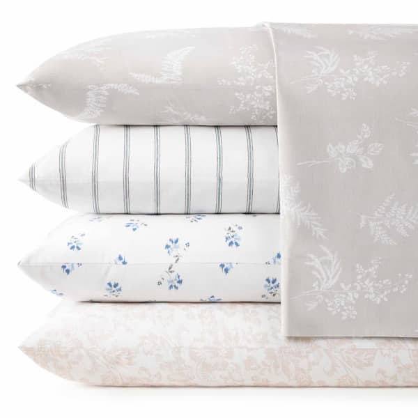 StyleWell Cotton Percale Ditsy Floral 4-Pcs Queen Sheet Set in Hydrangea, Green Hydrangea