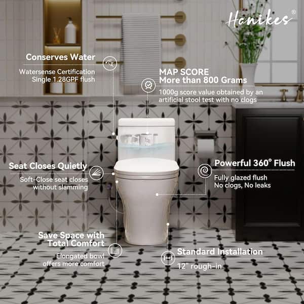 Hanikes 1-Piece 1.28 GPF Single Flush Elongated High Efficiency