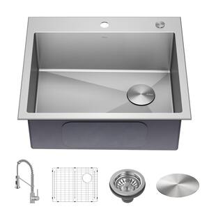 Loften Stainless Steel 25in. Single Bowl Drop-in / Undermount Kitchen Sink with Pull Down Faucet in Spot Free Stainless