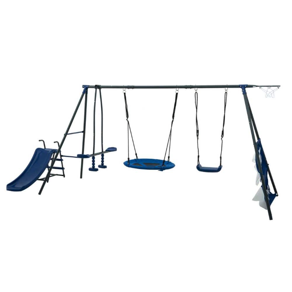 6 in 1 Gray and Blue Swingset with Net Swing Metal Plastic Safe Swing and S