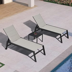 Aluminum 3-Pieces Outdoor Chaise Lounge Patio Lounge Chair with Side Table and Wheels, Stripe