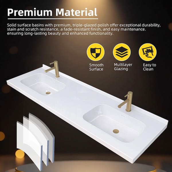 Zeafive 72 in. W x 22 in. D Solid Surface White Rectangular Double