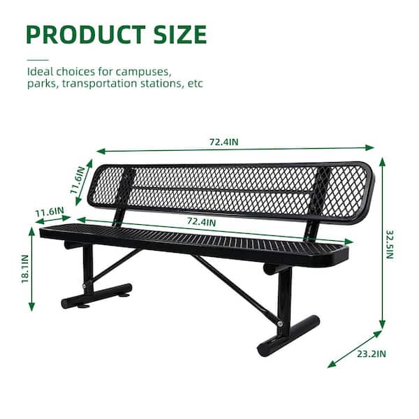 Runesay 6 ft. Black Metal Reclining Outdoor Bench with Backrest GW10