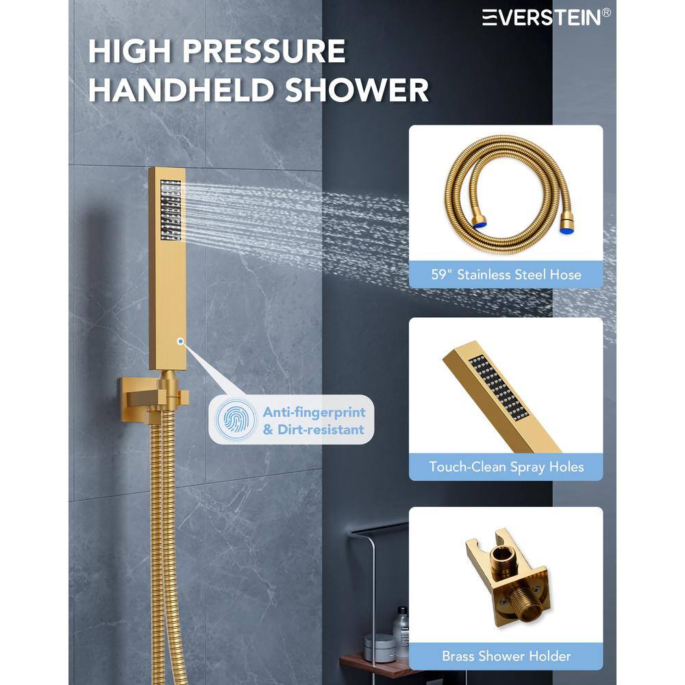 Brushed Gold LED Thermostatic Shower System with 12" Rainfall Head and Body Jets