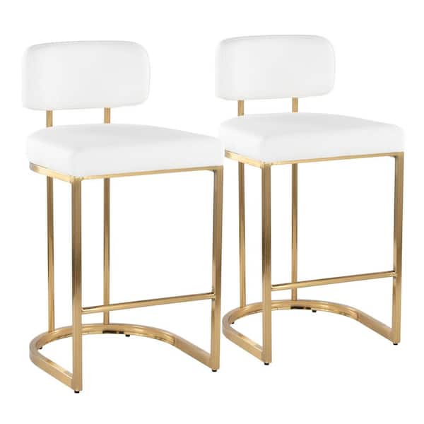 Demi Mid-Back 35 in. H White Faux Leather and Gold Metal Fixed-Height Counter Stool (Set of 2)