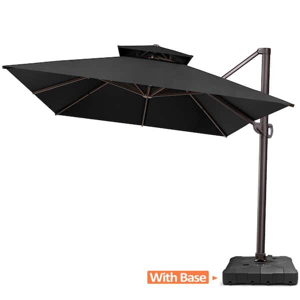 Double Top 13.5 ft. x 10 ft. Metal Aluminum 360° Swivel Cantilever Patio Umbrella in Black with 220 lbs. Umbrella Base