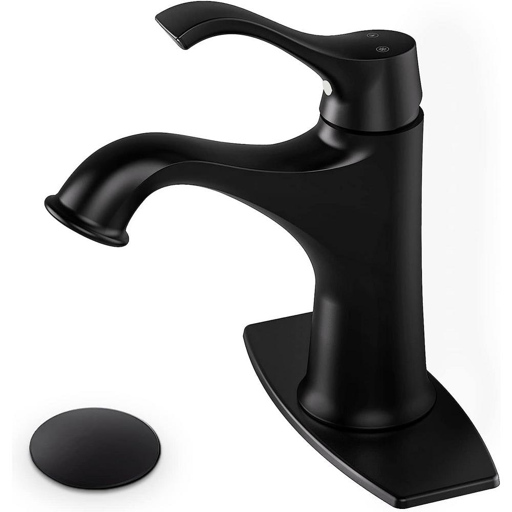 1-Handle Low-Arc 1-Hole Bathroom Faucet with Deckplate Included and Drain Kit Included in Matte Black