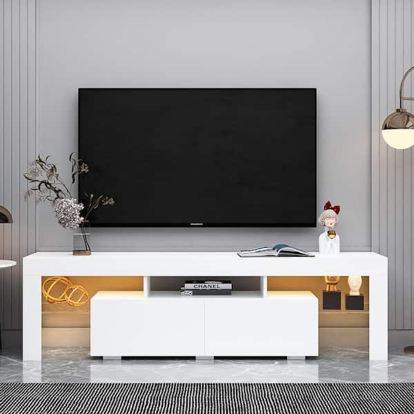 Polibi Modern TV Stand Fits TV's up to 70 in. with Modern White TV Stand, 20 Colors LED TV Stand with Remote Control Lights