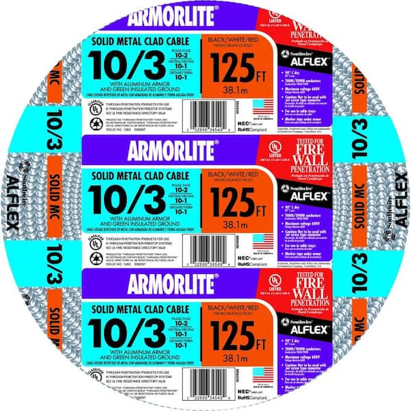 Southwire 10 3 X 125 Ft Solid Cu Mc Metal Clad Armorlite Cable The Home Depot