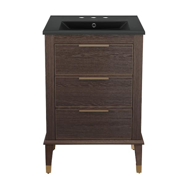 Swiss Madison Hugo 24 in. Bathroom Vanity in Brown Oak with Black, 3-Hole Ceramic Sink Top