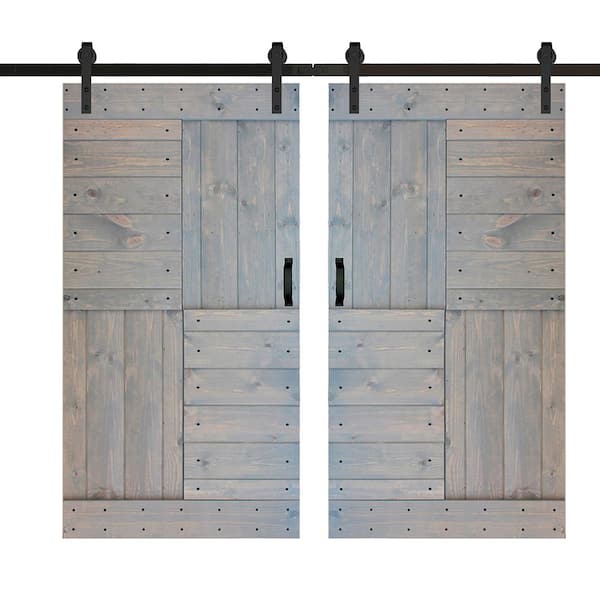 ISLIFE S Series 84 in. x 84 in. French Gray Finished DIY Solid Wood Double Sliding Barn Door with Hardware Kit