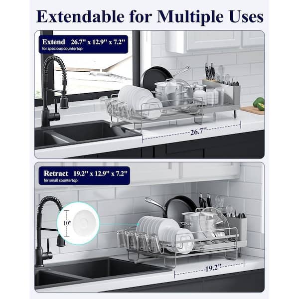Lynzavix Extendable Dish Drying Rack w/ Cutlery Cup Holders