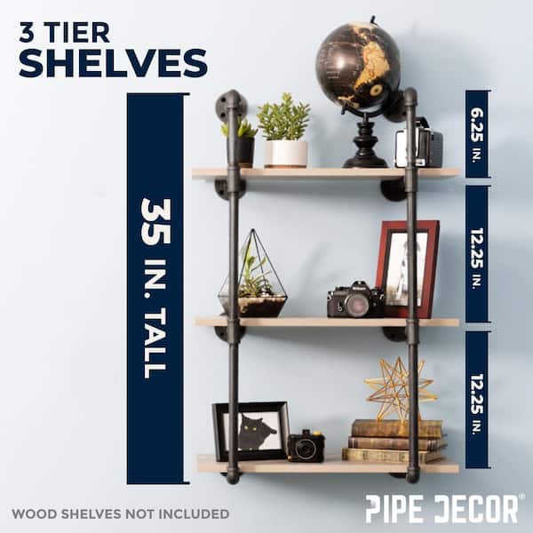 1/2 in. x 11.75 in. D x 35 in. H Black Steel Pipe Wall Mounted 3-Tier Shelf Kit 1/2 in. x 11.75 in. D x 35 in. H Black Steel Pipe Wall Mounted 3-Tier Shelf Kit
