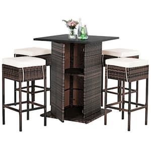 5-Piece Wicker Outdoor Serving Bar Set Patio Rattan Bar Table Stool Set with White Cushions and Hidden Storage Shelf