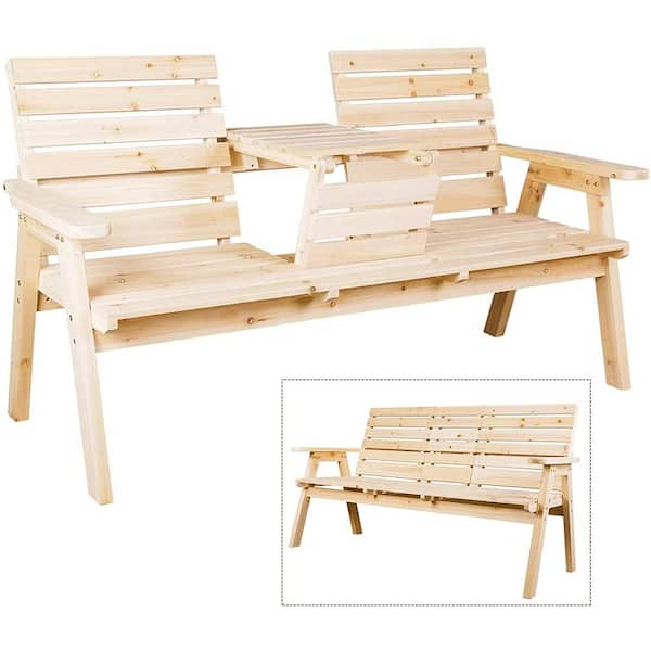 kdgarden Cedar/Fir Log Wood Patio Garden Bench with Foldable Table, Outdoor Wooden Porch 3-Seat Bench Chair, Natural