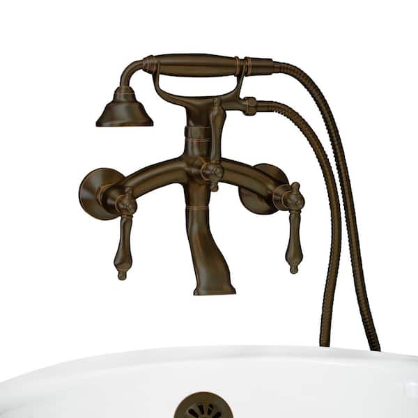 PELHAM & WHITE Vintage Style 3-Handle Wall Mount Claw Foot Tub Faucet with Metal Levers and Handshower in Oil Rubbed Bronze
