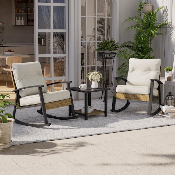 Outdoor Rocking Bistro Set Patio Porch Furniture Patio Chairs (Set of 2) with Side Table and Beige Cushions (3-Piece)