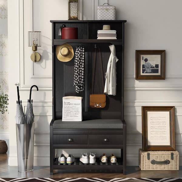 CSC DECOR INC 69 in. Black Wood 3-in-1 Hall Tree Coat Rack Shoe Storage Entryway Bench with 4-Metal Double Hooks, Drawers and Shelves