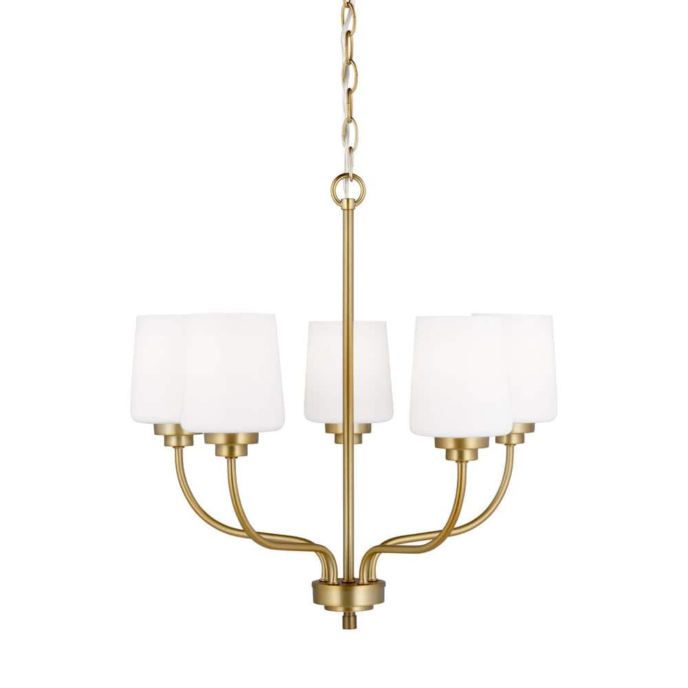 Windom Transitional 5-Light Chandelier in Satin Brass with Etched Opal Glass