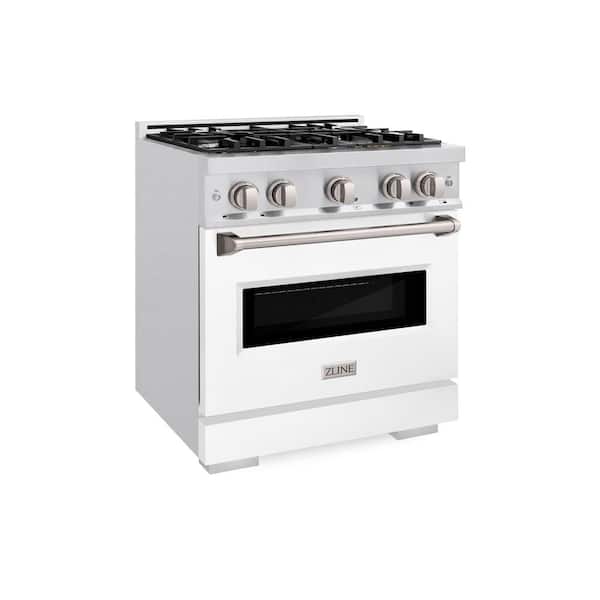 30 in. Classic Dual Fuel Range with 4 Burner Gas Cooktop and Electric Oven in Satin Steel with White Matte Door