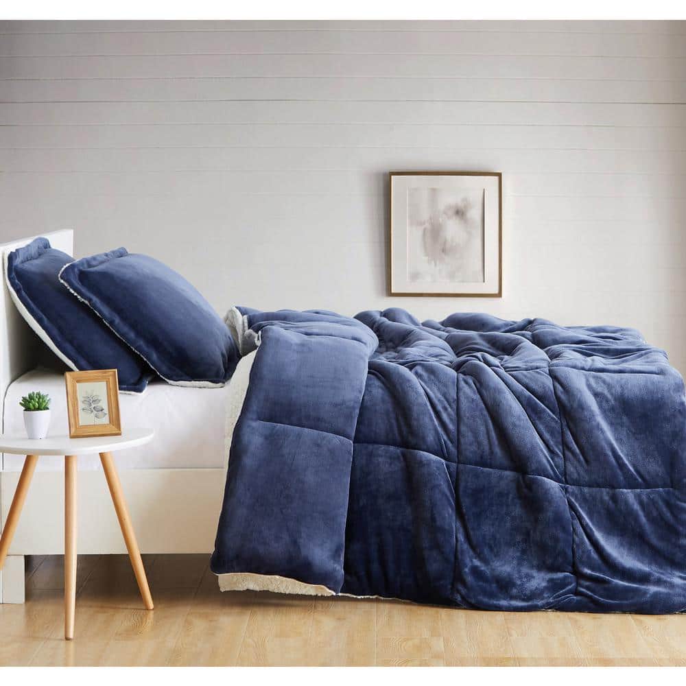 Indigo Twin Reversible Microfiber Comforter Set with Sherpa