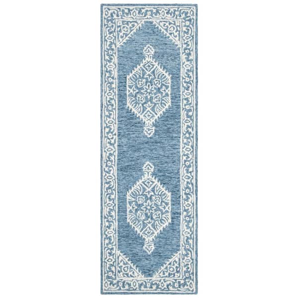 Micro-Loop Blue/Ivory 2 ft. x 7 ft. Medallion Floral Border Runner Rug