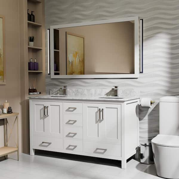 Jacques 60 in. W x 22 in. D White Double Bath Vanity without Top and 58 in. Mirror