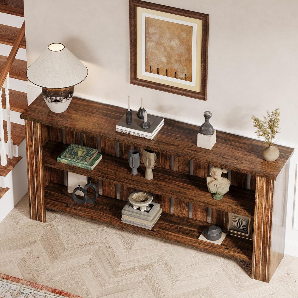 Turrella 70.9 in. Brown Rectangle Wood Console Table 3-Tier Sofa Table Behind Couch, Farmhouse Entryway Accent Table
