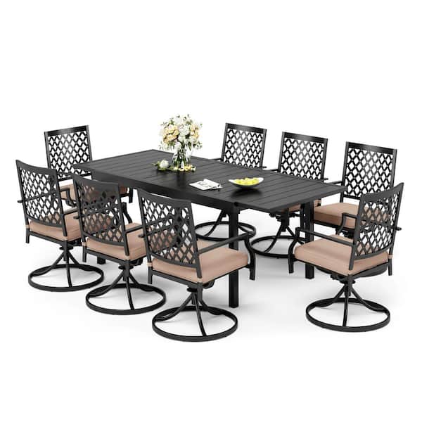 PHI VILLA 9-Piece Metal Patio Outdoor Dining Set with Extensible Table and Elegant Swivel Chair with Beige Cushion