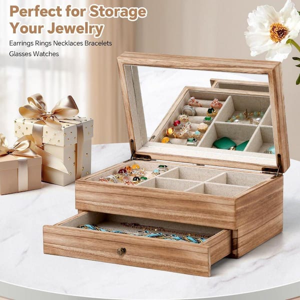 Carbonized Brown 2 Layer Rectangular Rustic Wooden Jewelry Box